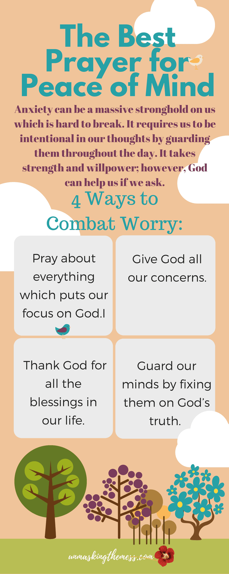 The Best Prayer for Peace of Mind. We encounter many situations in life that cause us to worry. A prayer for peace of mind can help us focus on our Savior instead of our situation. #prayer #lettinggo #Bible #stress