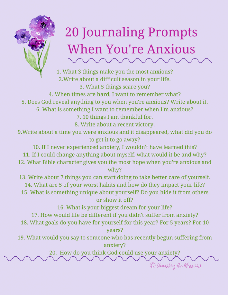 Is Anxiety Ruining Your Life? Did you know journaling can help you manage your anxiety? Free printable of 20 journal prompts when you sign up at unmaskingthemess.com. Are you looking for some ways to help you overcome your anxiety from a Biblical standpoint? Do you get tired of the endless googling of new ideas and remedies to quiet your anxious mind? #anxious #anxietyrelief #anxiety #helpforanxiety